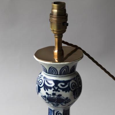 OCTAGONAL DUTCH DELFT BLUE AND WHITE WAISTED BOTTLE VASES CONVERTED TO LAMPS