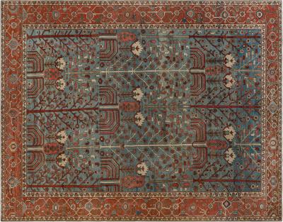 ONE OF A KIND ANTIQUE PERSIAN HERIZ RUG IN BEIGE BLUE BROWN GREEN AND PINK