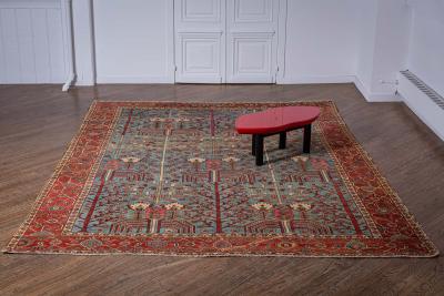 ONE OF A KIND ANTIQUE PERSIAN HERIZ RUG IN BEIGE BLUE BROWN GREEN AND PINK