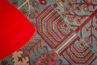 ONE OF A KIND ANTIQUE PERSIAN HERIZ RUG IN BEIGE BLUE BROWN GREEN AND PINK