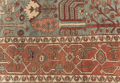 ONE OF A KIND ANTIQUE PERSIAN HERIZ RUG IN BEIGE BLUE BROWN GREEN AND PINK