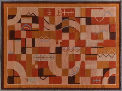 ONE OF A KIND VINTAGE FRENCH ART DECO RUG INBEIGE BLUE BROWN ORANGE