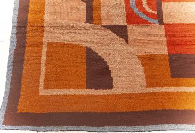 ONE OF A KIND VINTAGE FRENCH ART DECO RUG INBEIGE BLUE BROWN ORANGE