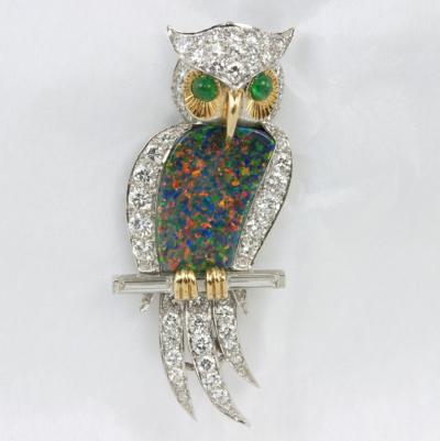 OPAL DIAMOND OWL PIN