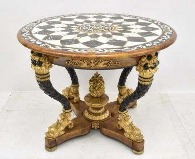 ORNATE PIETRA DURA CENTER TABLE WITH DOLPHIN BASE