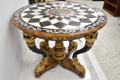 ORNATE PIETRA DURA CENTER TABLE WITH DOLPHIN BASE