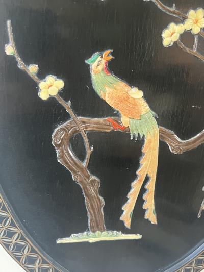 OVAL CHINESE DECORATED WOOD PLAQUE WITH COLORFUL HARDSTONE PHOENIX BIRDS