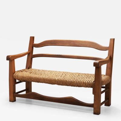 Oak Bench with Woven Rush Seat France 1950s