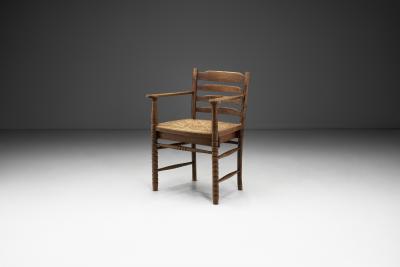 Oak Bobbin Armchair with Wicker Seat The Netherlands 1930s