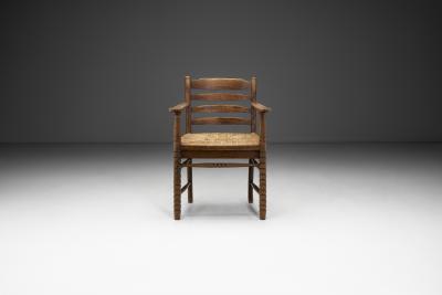Oak Bobbin Armchair with Wicker Seat The Netherlands 1930s
