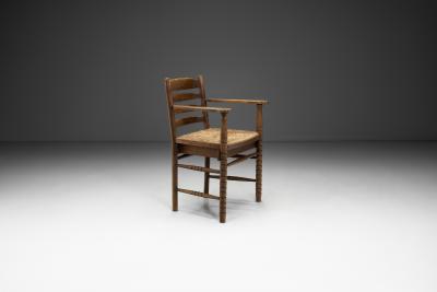 Oak Bobbin Armchair with Wicker Seat The Netherlands 1930s