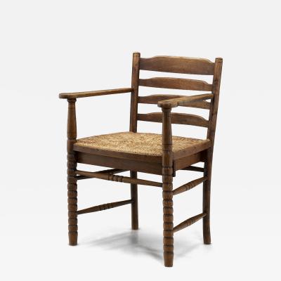 Oak Bobbin Armchair with Wicker Seat The Netherlands 1930s