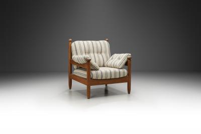 Oak Lounge Chair with Striped Cushions The Netherlands 1960s