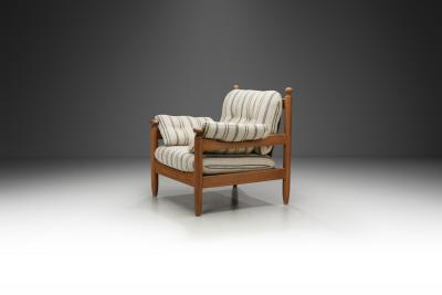 Oak Lounge Chair with Striped Cushions The Netherlands 1960s