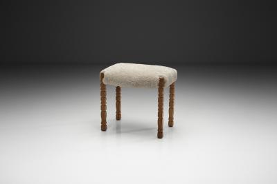 Oak Stool with Carved Legs and Sheepskin Upholstery Denmark 1970s