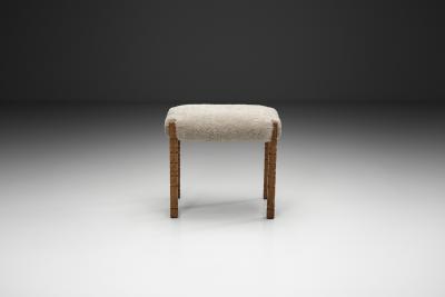 Oak Stool with Carved Legs and Sheepskin Upholstery Denmark 1970s