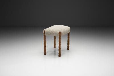 Oak Stool with Carved Legs and Sheepskin Upholstery Denmark 1970s