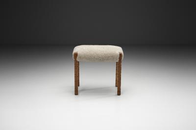 Oak Stool with Carved Legs and Sheepskin Upholstery Denmark 1970s