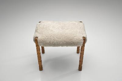 Oak Stool with Carved Legs and Sheepskin Upholstery Denmark 1970s