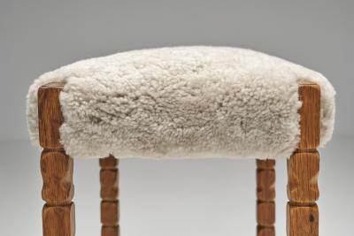 Oak Stool with Carved Legs and Sheepskin Upholstery Denmark 1970s