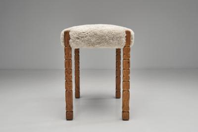 Oak Stool with Carved Legs and Sheepskin Upholstery Denmark 1970s