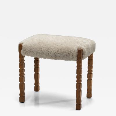 Oak Stool with Carved Legs and Sheepskin Upholstery Denmark 1970s