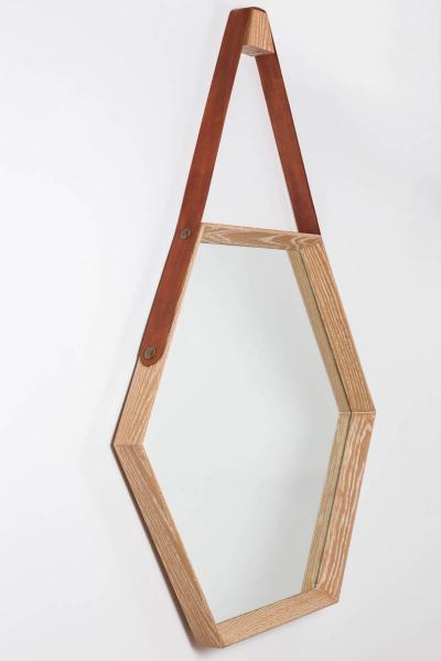 Oak and Leather Hexagon Mirror Natural