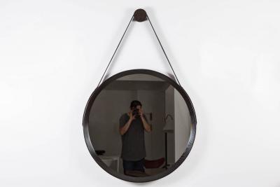 Oak and Leather Round Mirror Ebony