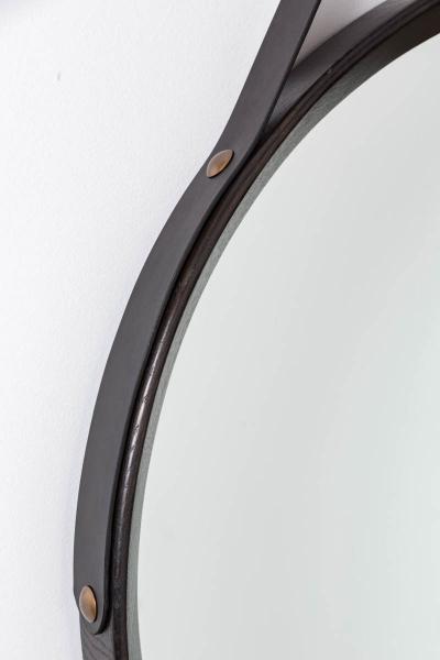 Oak and Leather Round Mirror Ebony