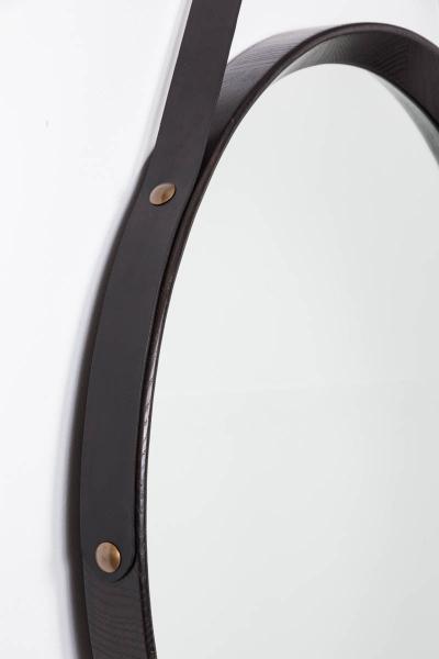 Oak and Leather Round Mirror Ebony
