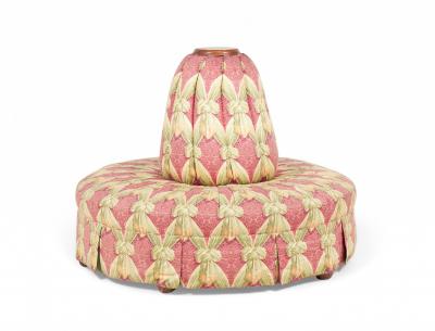 Oak and Pink and Green Patterned Fabric Upholstered Circular Borne Settee