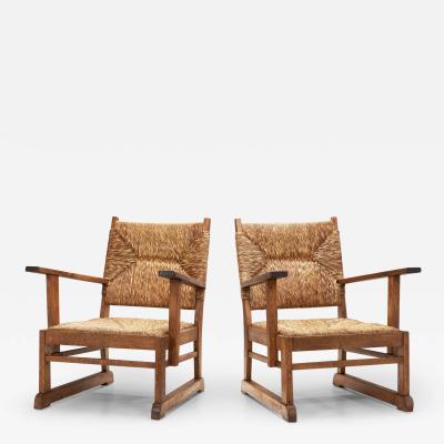 Oak and Rush Armchairs The Netherlands 1930s