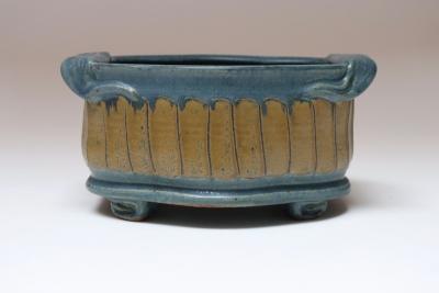 Oblong Vintage Blue and Ochre Studio Pottery Planter Vase by Deanna Nichols