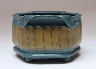 Oblong Vintage Blue and Ochre Studio Pottery Planter Vase by Deanna Nichols