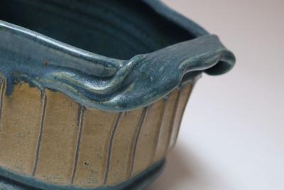 Oblong Vintage Blue and Ochre Studio Pottery Planter Vase by Deanna Nichols