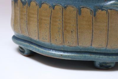 Oblong Vintage Blue and Ochre Studio Pottery Planter Vase by Deanna Nichols
