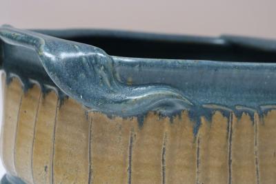 Oblong Vintage Blue and Ochre Studio Pottery Planter Vase by Deanna Nichols