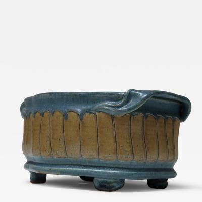 Oblong Vintage Blue and Ochre Studio Pottery Planter Vase by Deanna Nichols