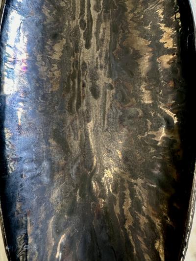 Oblong centerpiece with ring patterned underside in gold and silver glaze