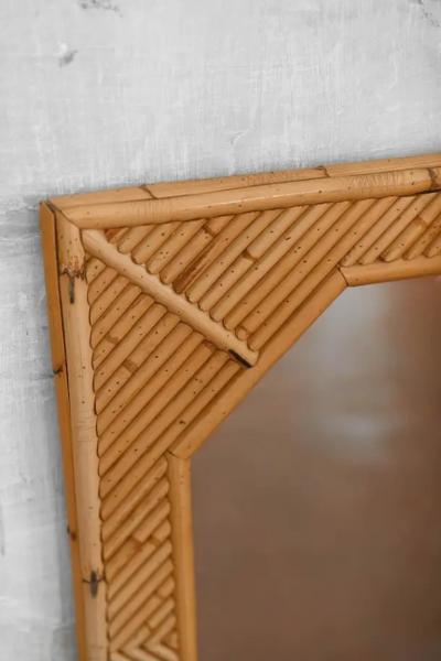 Octagonal Mirror with Rectangular Bamboo Frame Featuring Geometric Patterns