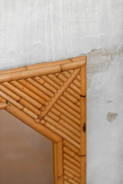 Octagonal Mirror with Rectangular Bamboo Frame Featuring Geometric Patterns