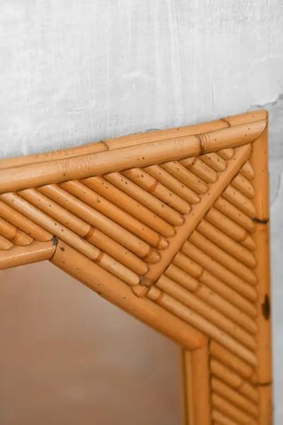 Octagonal Mirror with Rectangular Bamboo Frame Featuring Geometric Patterns