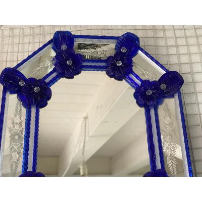 Octagonal Murano Glass Wall Mirror With Blue Floral Hand Carved Detailing