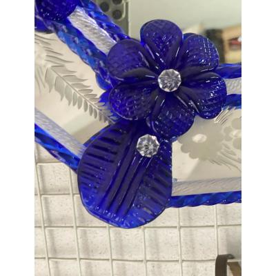 Octagonal Murano Glass Wall Mirror With Blue Floral Hand Carved Detailing