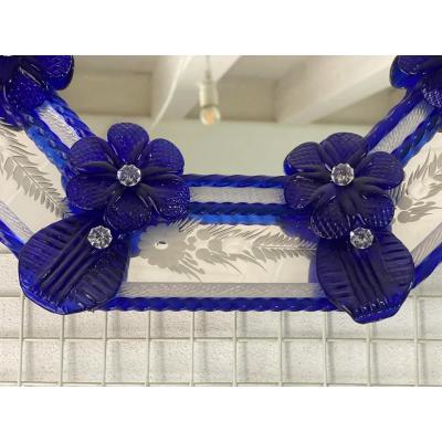 Octagonal Murano Glass Wall Mirror With Blue Floral Hand Carved Detailing