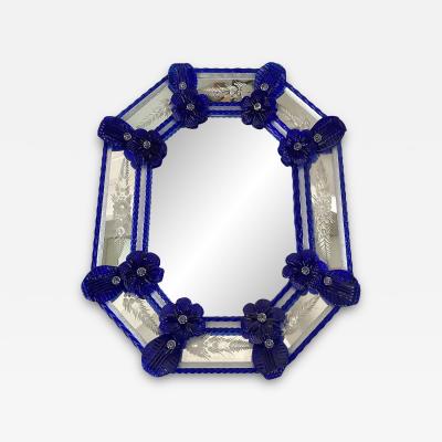 Octagonal Murano Glass Wall Mirror With Blue Floral Hand Carved Detailing