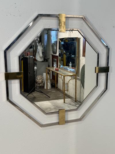 Octagonal Wall Mirror with Chrome and Brass Italy 1970s
