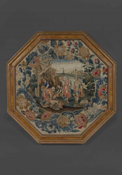 Octagonal needlework panel Depicting a scene from the Adventures of Telemachus 