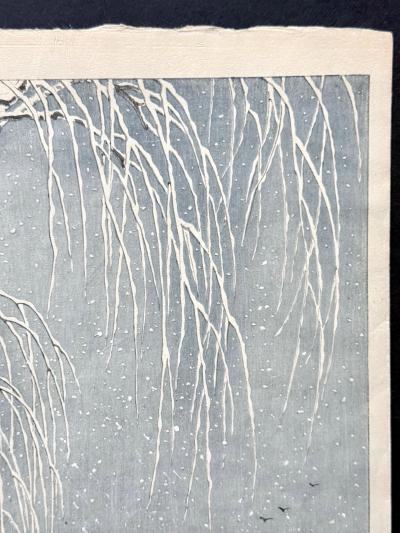 Ohara Shoson Japanese Woodblock Print Snow on Willow Bridge by Ohara Shoson