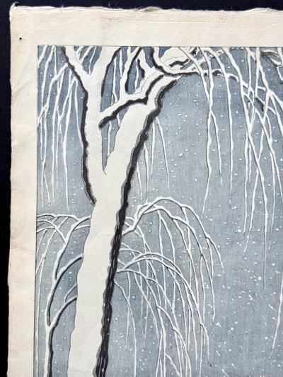 Ohara Shoson Japanese Woodblock Print Snow on Willow Bridge by Ohara Shoson